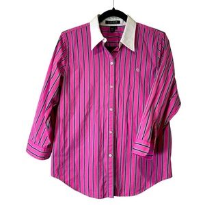 Lauren Ralph Lauren Women’s M Pink Polo Striped Quarter Sleeve Button Blouse Top